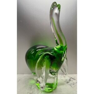 FIFTH AVENUE Elephant Glass Sculpture Trunk Up Green Heavy Paperweight 8"Hx4.5"W